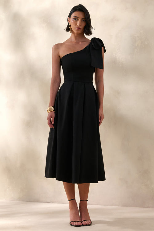 Meria | Black Asymmetric-Neck Midi Dress With Bow-Sleeve