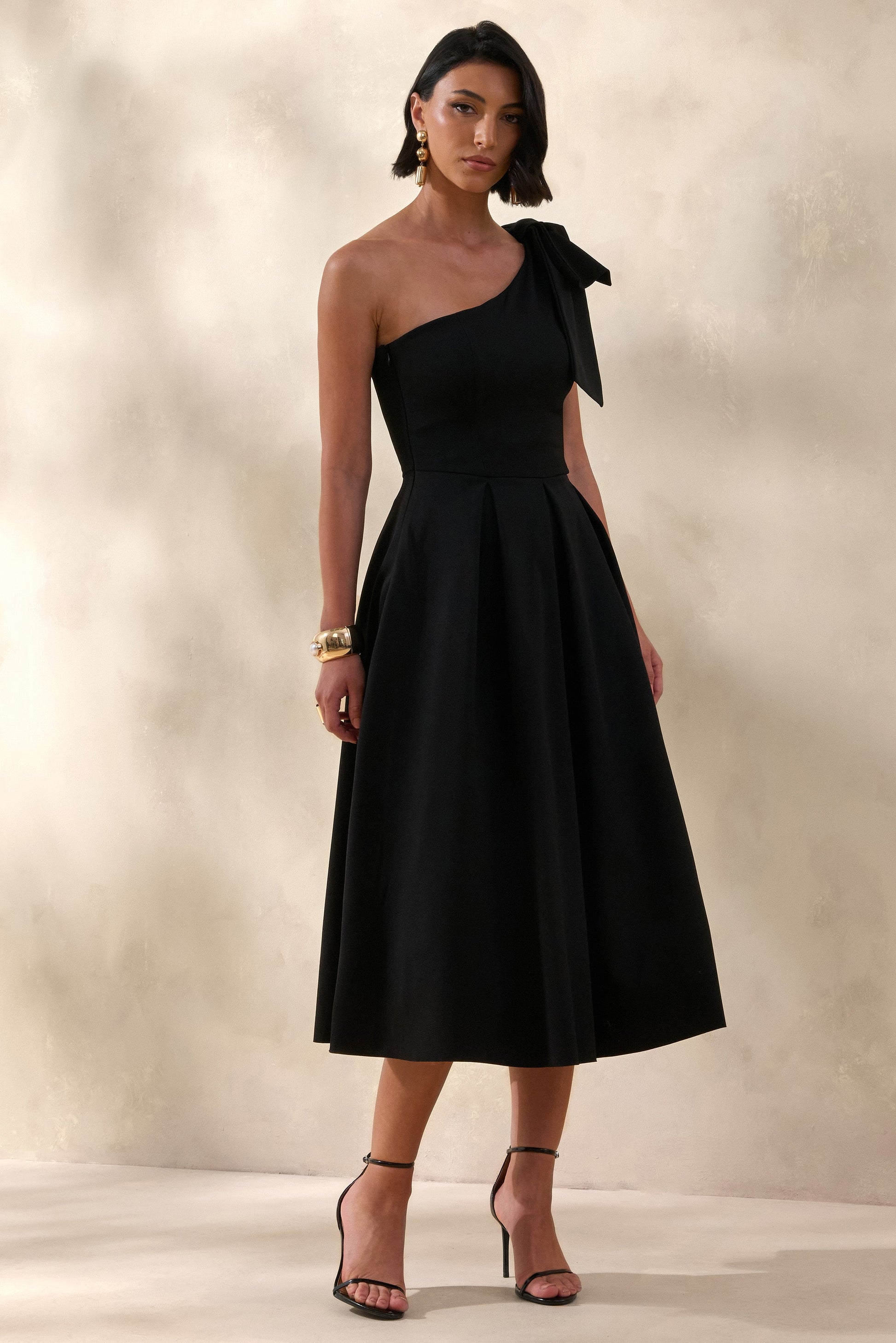 Meria | Black Asymmetric-Neck Midi Dress With Bow-Sleeve