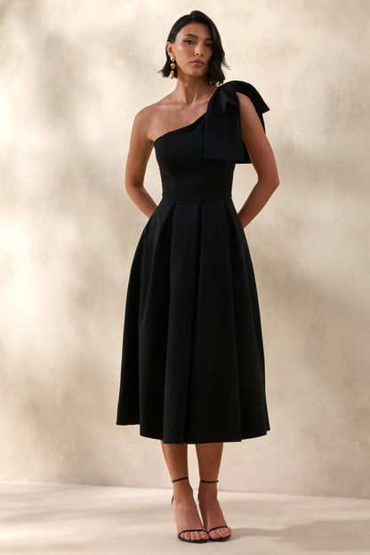 Meria | Black Asymmetric-Neck Midi Dress With Bow-Sleeve