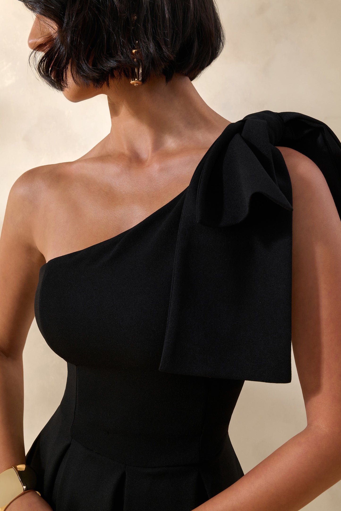 Meria | Black Asymmetric-Neck Midi Dress With Bow-Sleeve