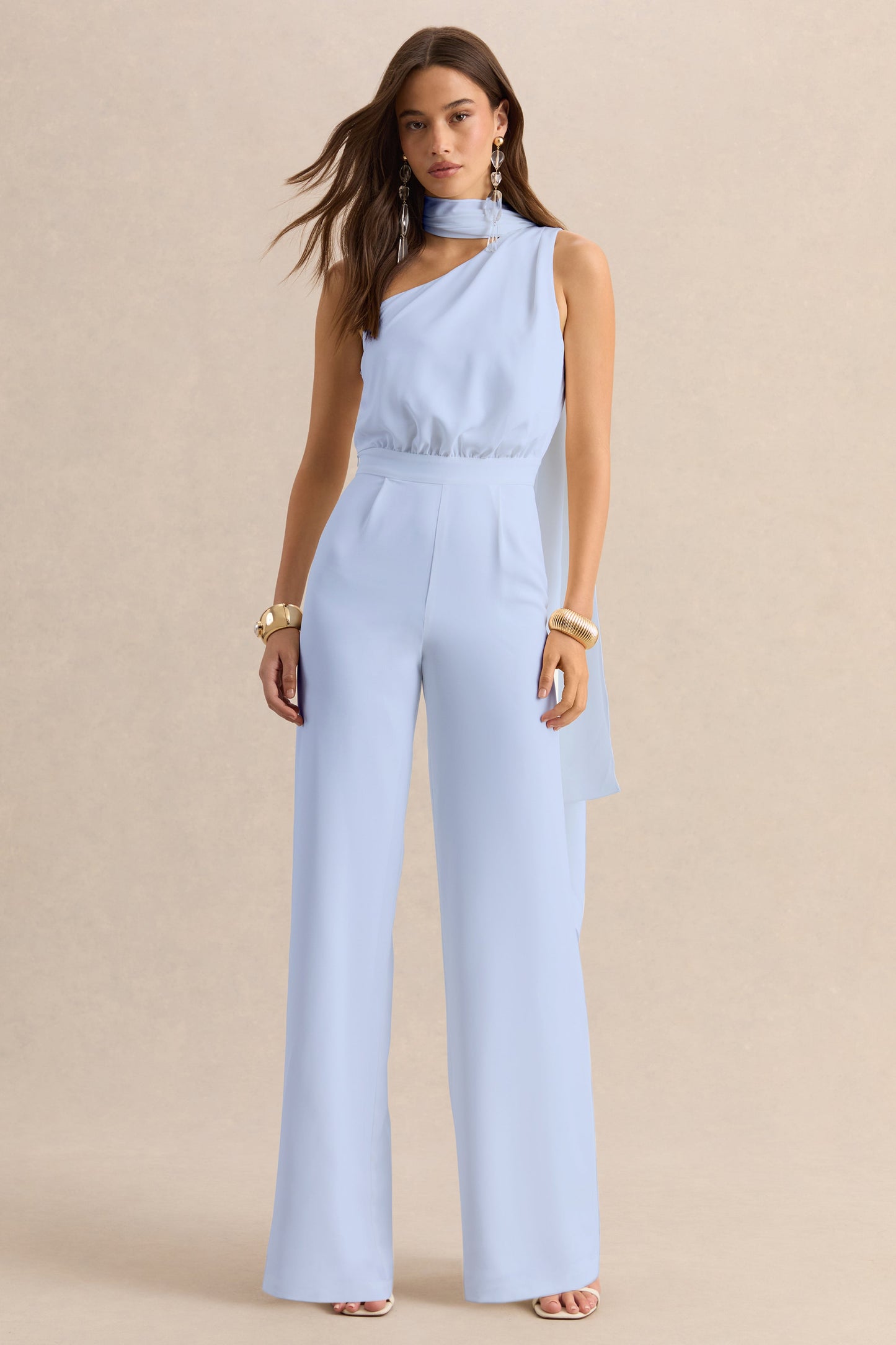 Gliselle | Powder Blue Asymmetric-Neck Jumpsuit With Scarf-Detail