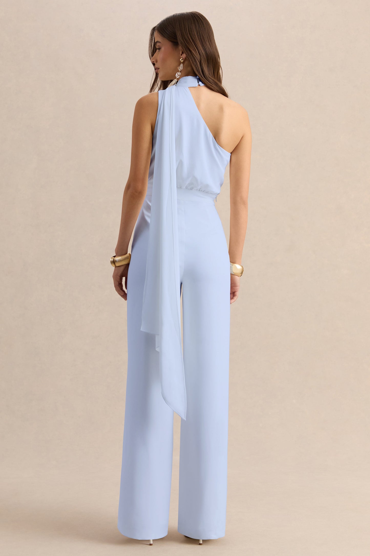 Gliselle | Powder Blue Asymmetric-Neck Jumpsuit With Scarf-Detail