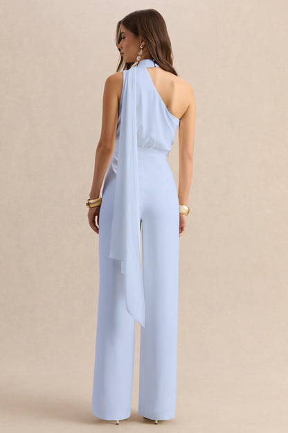 Gliselle | Powder Blue Asymmetric-Neck Jumpsuit With Scarf-Detail