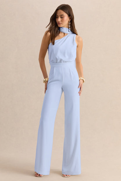 Gliselle | Powder Blue Asymmetric-Neck Jumpsuit With Scarf-Detail