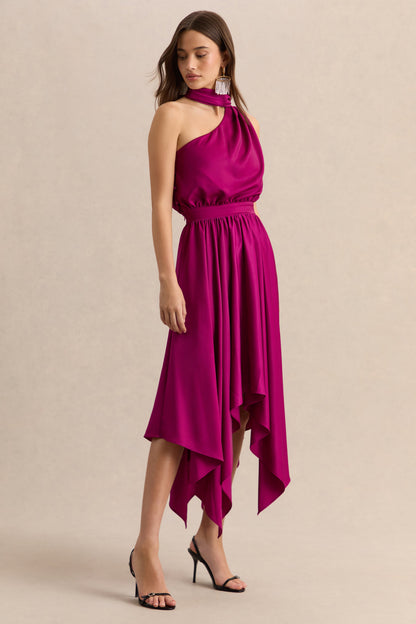 Caluna | Hot Pink Satin Asymmetric-Neck Midi Dress With Scarf-Detail