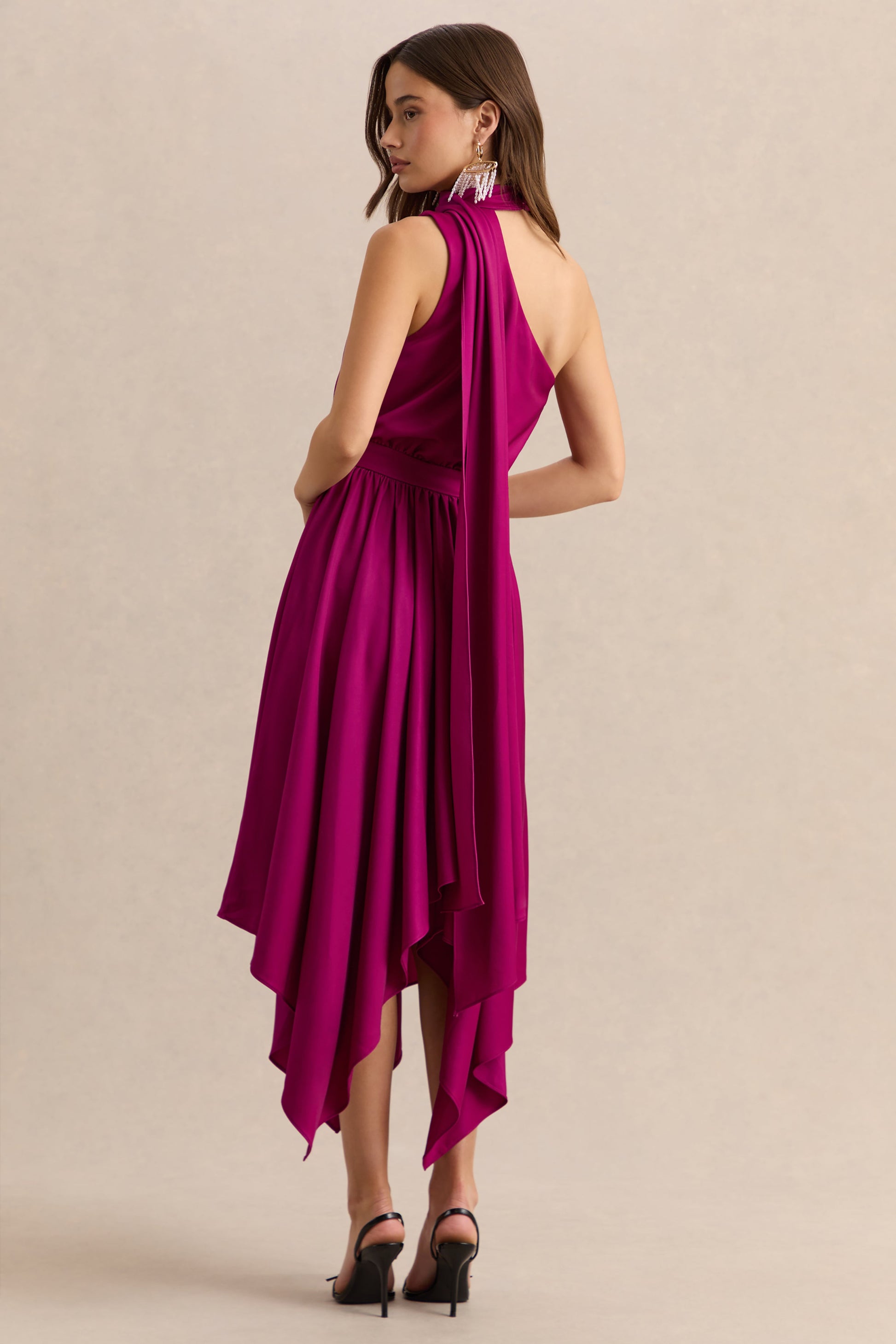 Caluna | Hot Pink Satin Asymmetric-Neck Midi Dress With Scarf-Detail