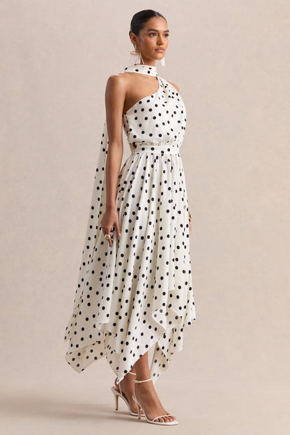 Caluna | White And Black Polka Dot Satin Asymmetric-Neck Midi Dress With Scarf-Detail