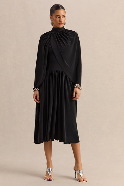 Honora | Black High-Neck Midi Dress With Cape-Sleeves