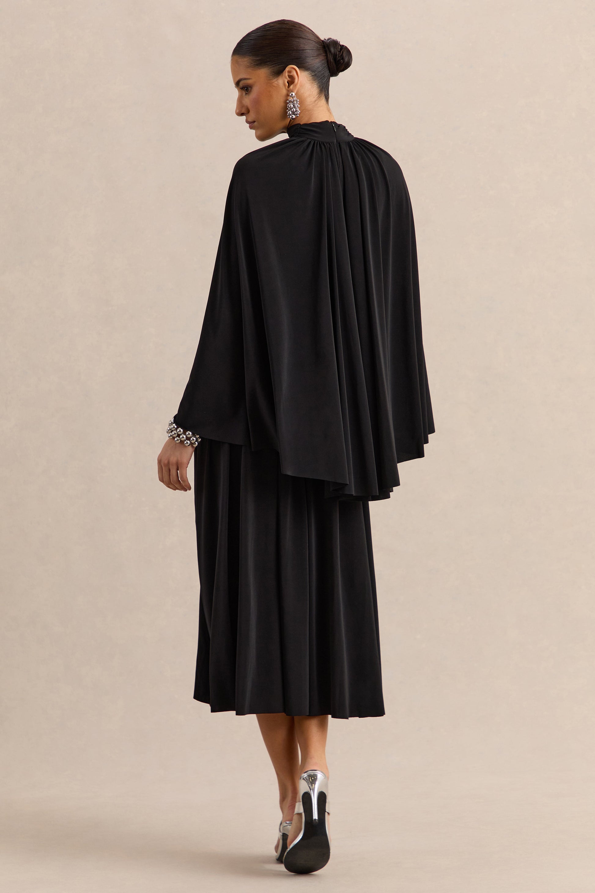 Honora | Black High-Neck Midi Dress With Cape-Sleeves