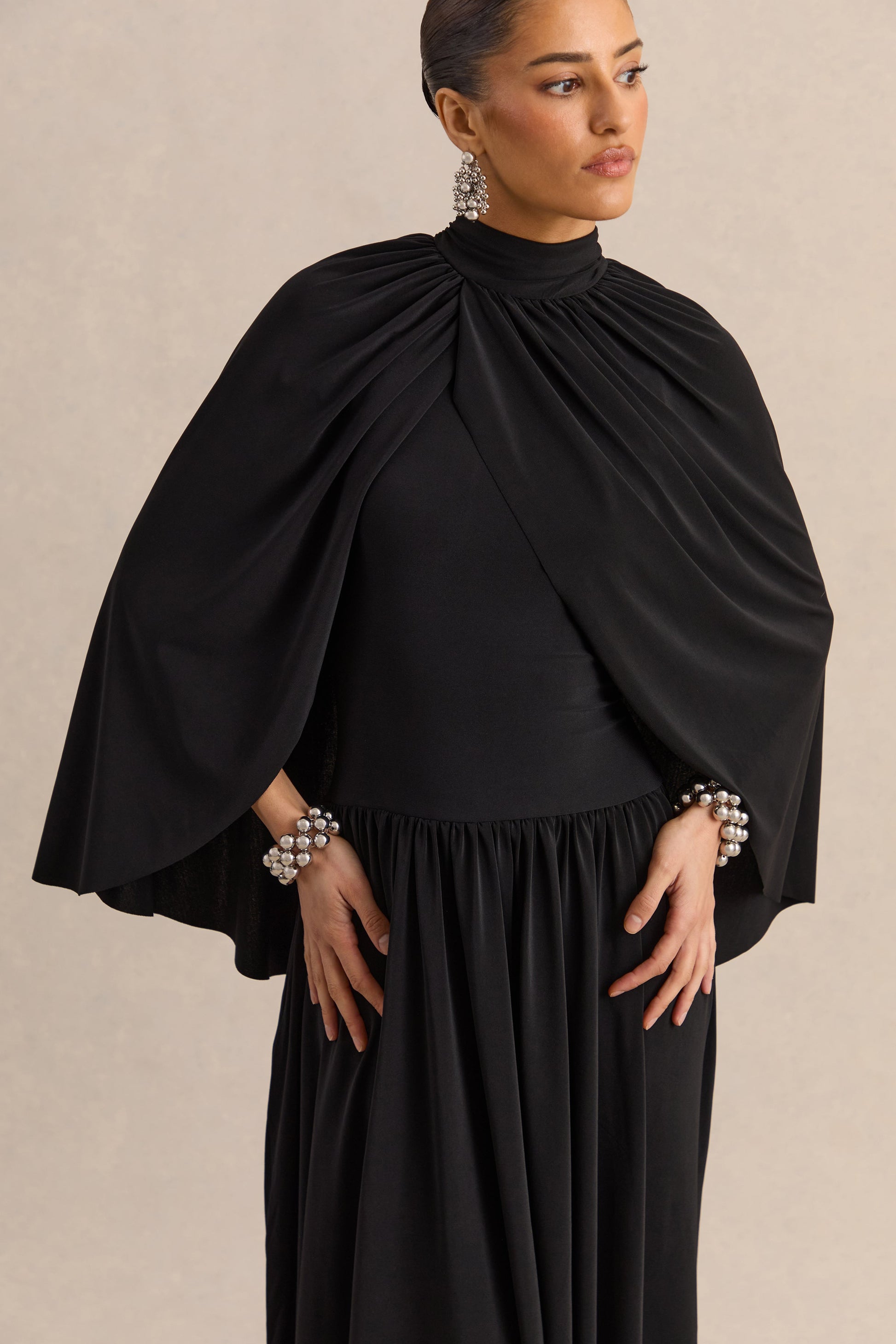 Honora | Black High-Neck Midi Dress With Cape-Sleeves