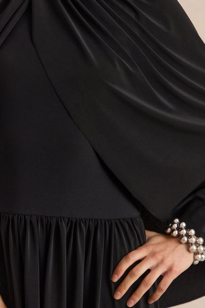 Honora | Black High-Neck Midi Dress With Cape-Sleeves