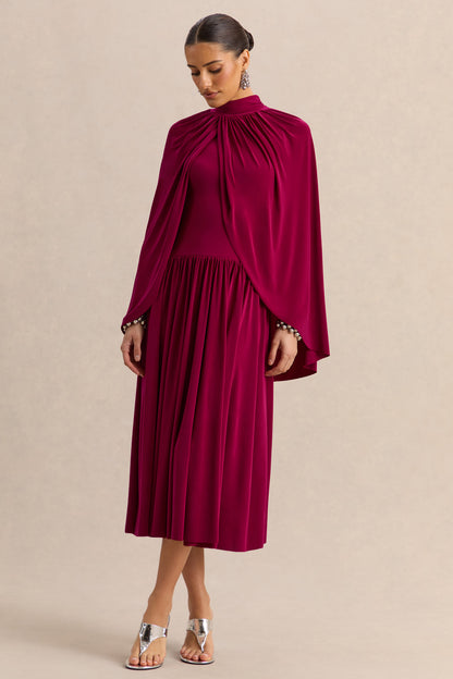 Honora | Burgundy High-Neck Midi Dress With Cape-Sleeves