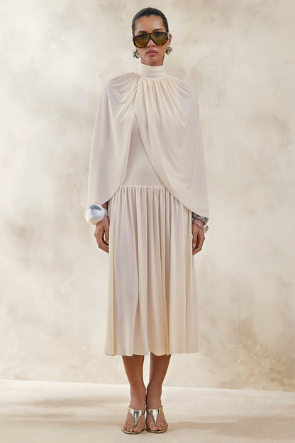 Honora | Cream High-Neck Midi Dress With Cape-Sleeves