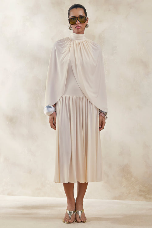 Honora | Cream High-Neck Midi Dress With Cape-Sleeves