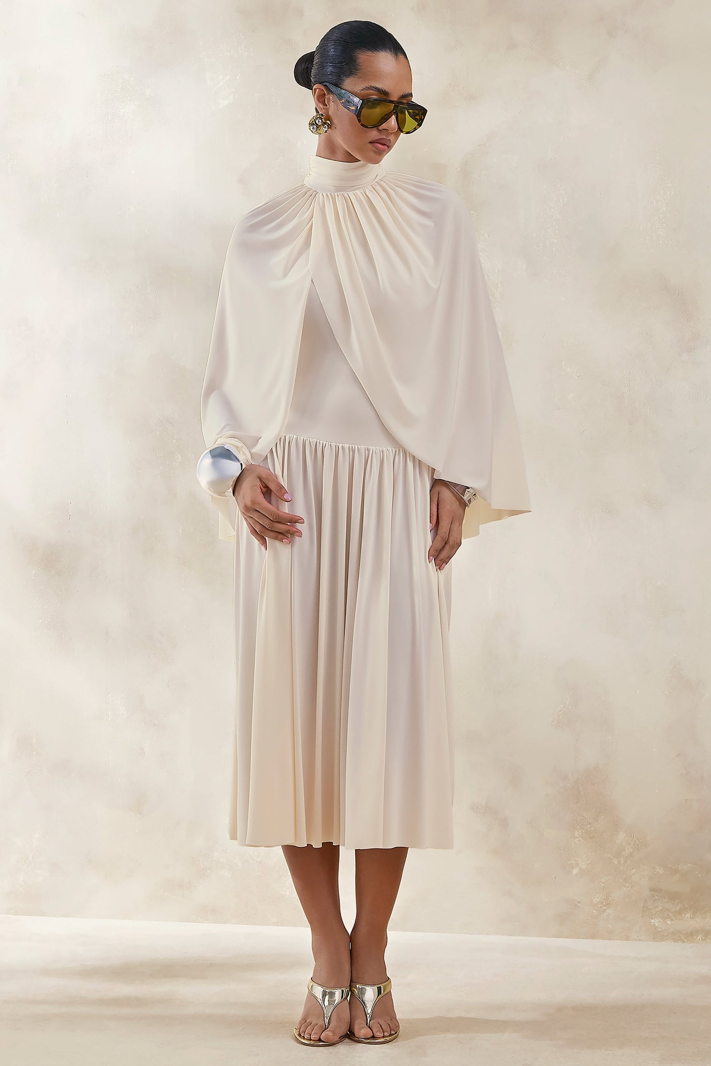 Honora | Cream High-Neck Midi Dress With Cape-Sleeves