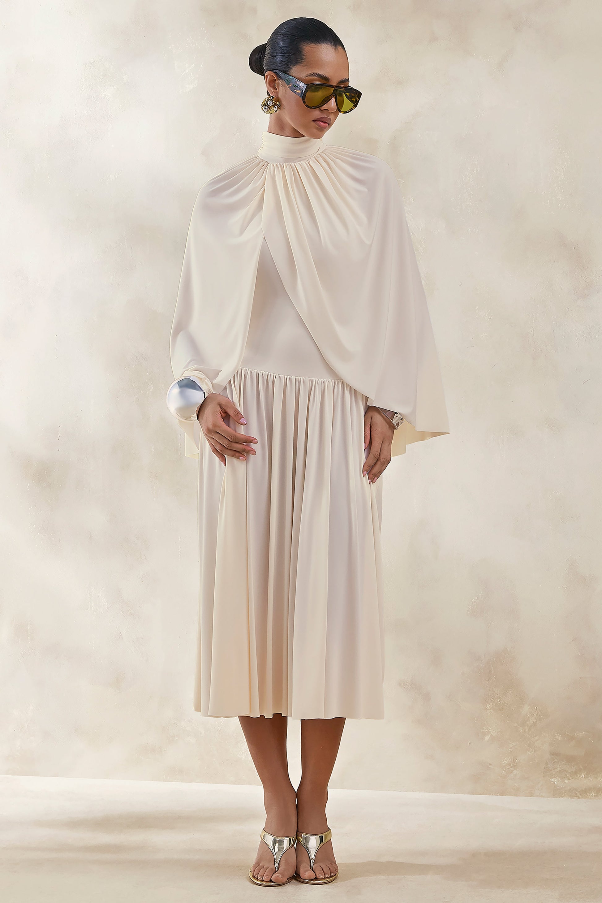 Honora | Cream High-Neck Midi Dress With Cape-Sleeves