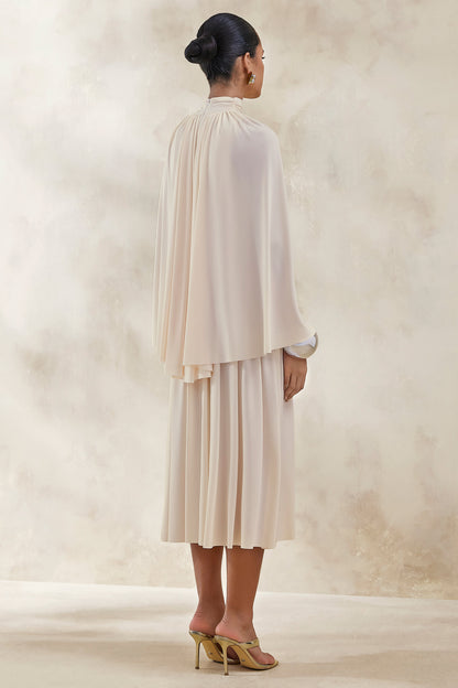Honora | Cream High-Neck Midi Dress With Cape-Sleeves
