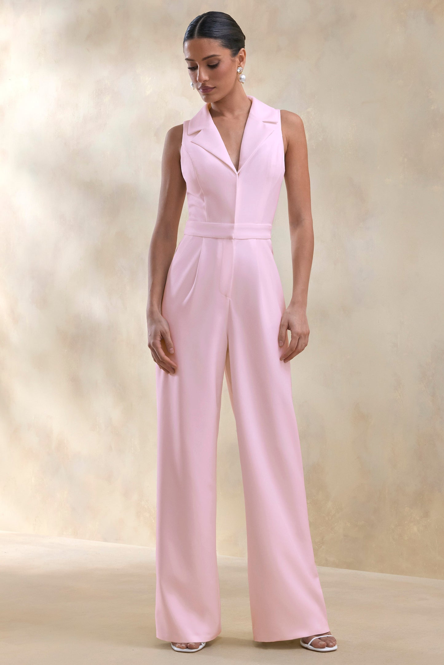 Brillora | Light Pink Plunge-Neck Tailored Jumpsuit