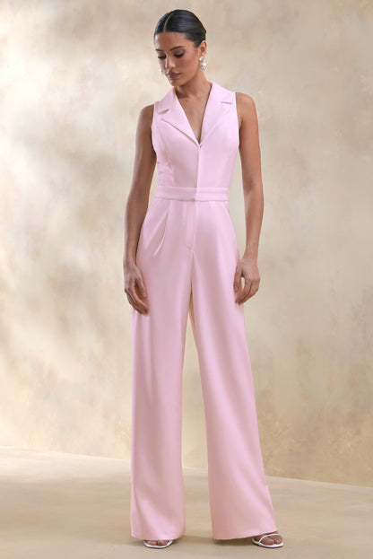 Brillora | Light Pink Plunge-Neck Tailored Jumpsuit