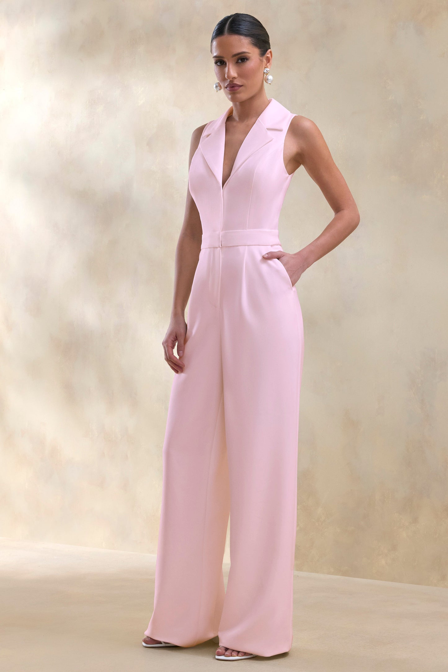 Brillora | Light Pink Plunge-Neck Tailored Jumpsuit