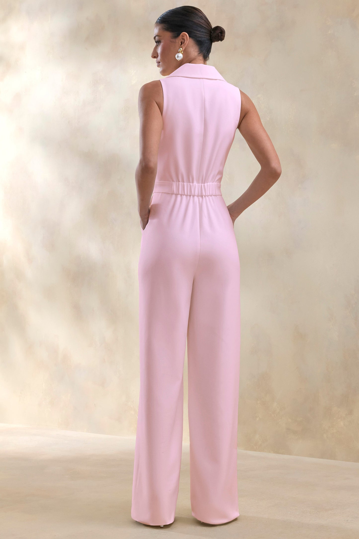 Brillora | Light Pink Plunge-Neck Tailored Jumpsuit