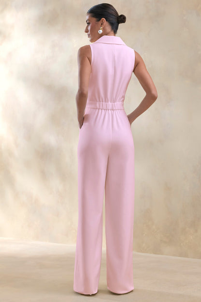 Brillora | Light Pink Plunge-Neck Tailored Jumpsuit