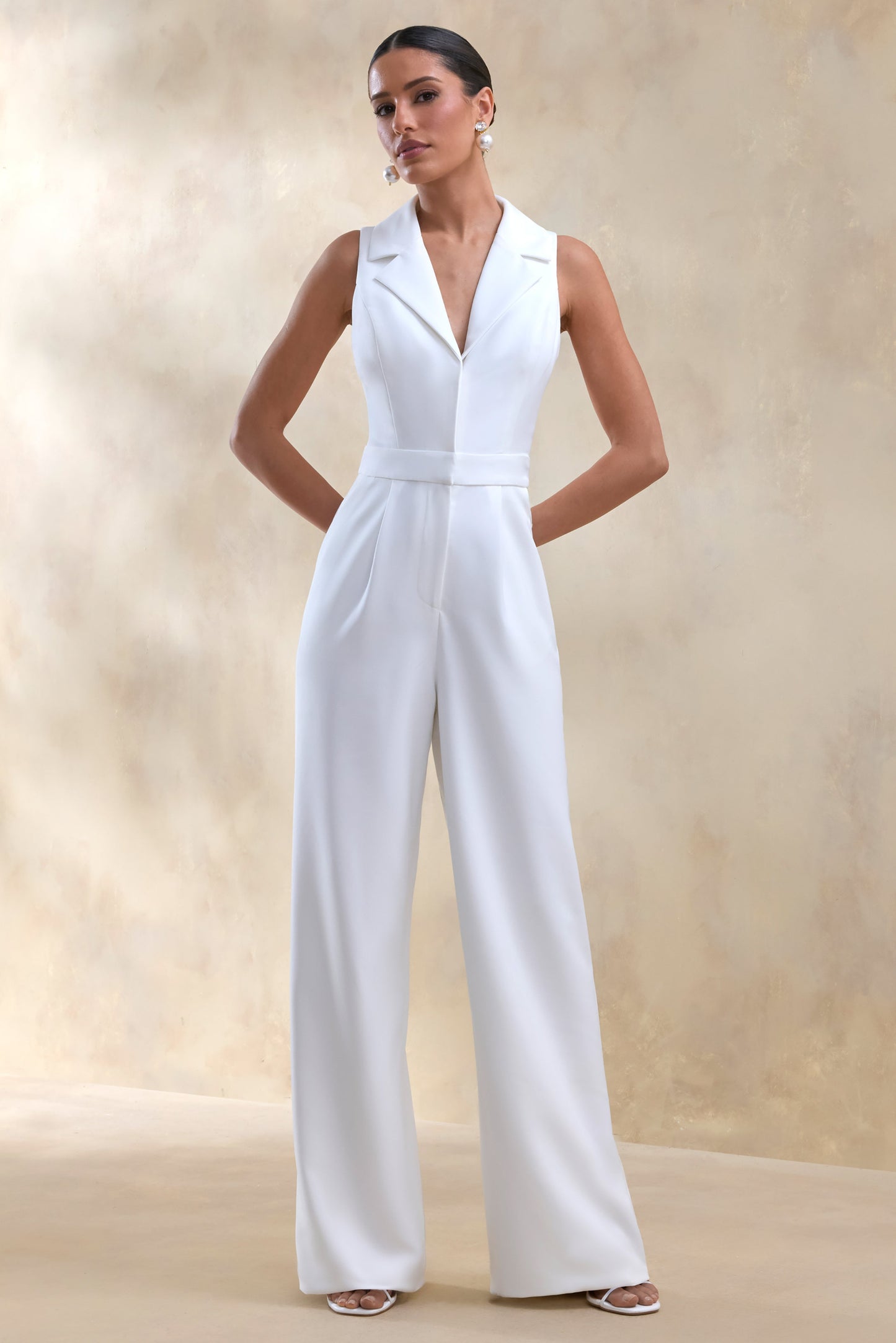 Brillora | White Plunge-Neck Tailored Jumpsuit
