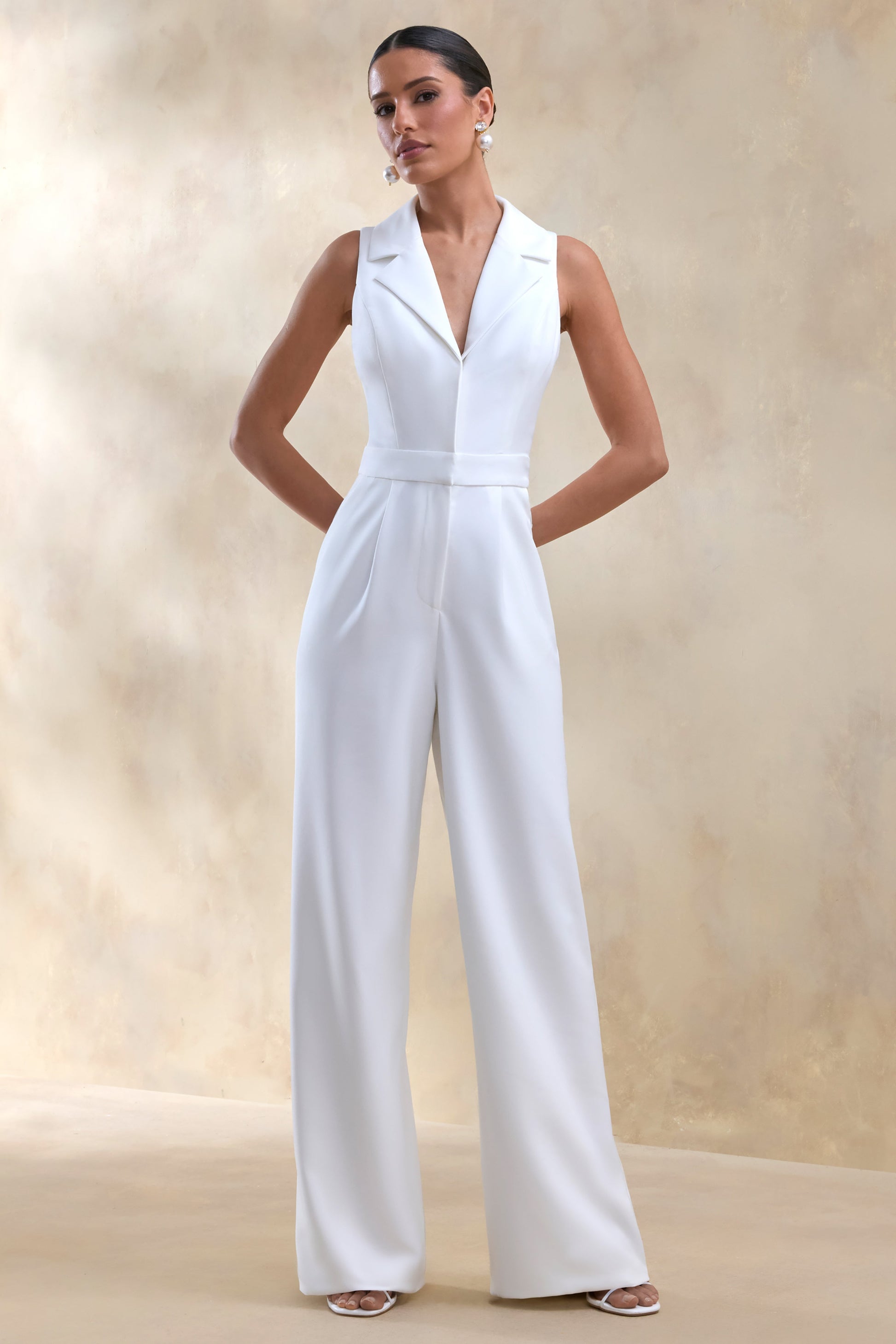 Brillora | White Plunge-Neck Tailored Jumpsuit