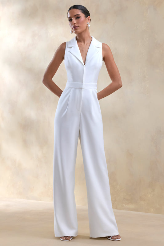 Brillora | White Plunge-Neck Tailored Jumpsuit