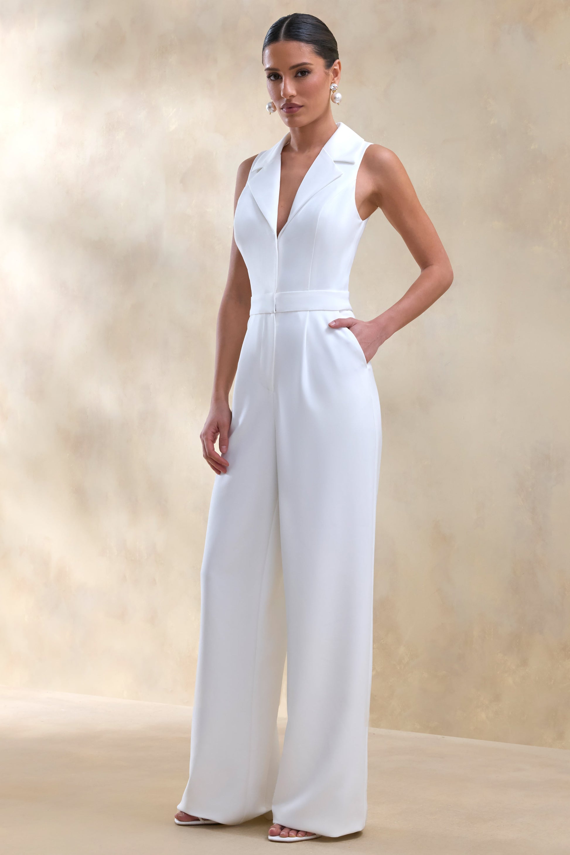 Brillora | White Plunge-Neck Tailored Jumpsuit