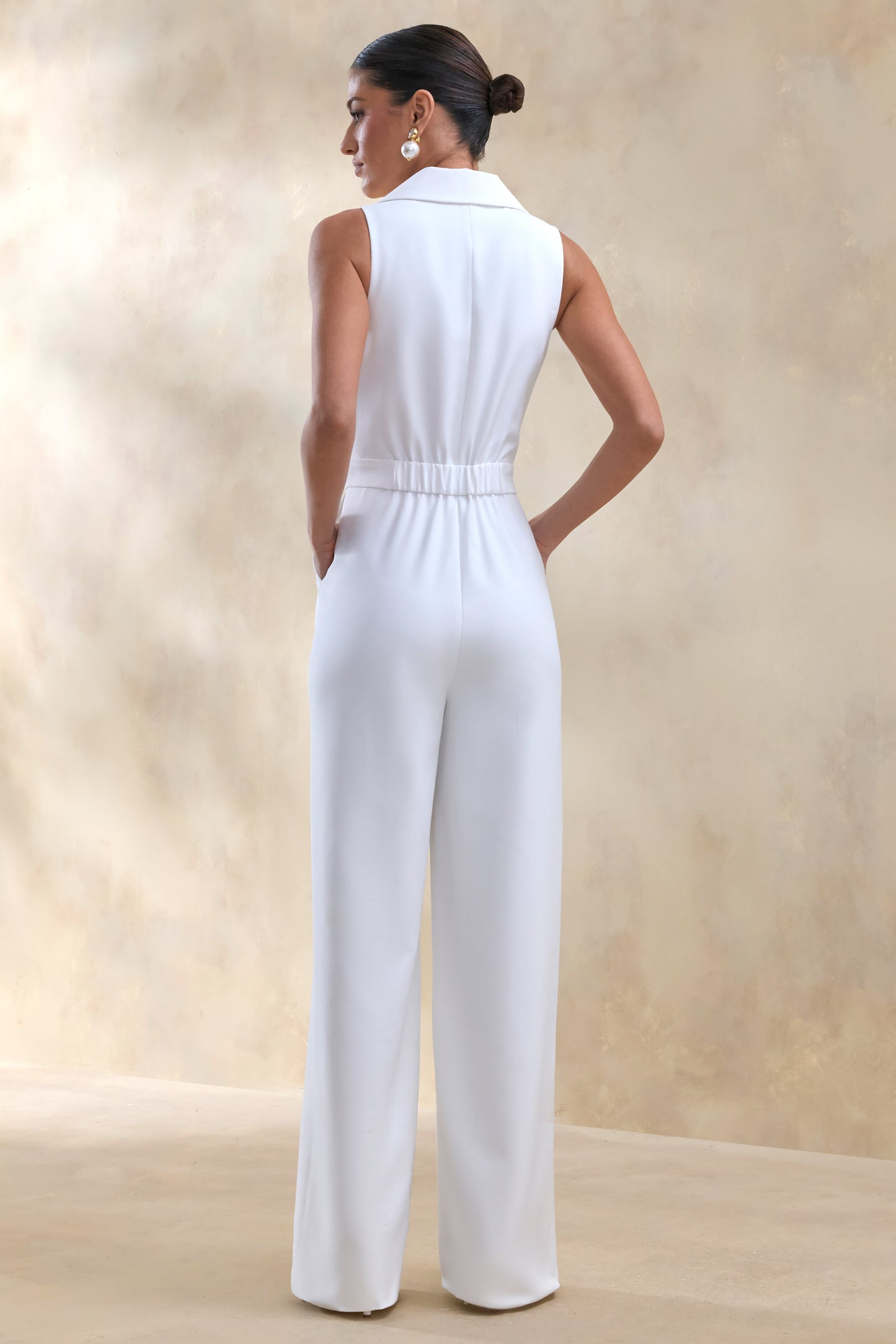 Brillora | White Plunge-Neck Tailored Jumpsuit