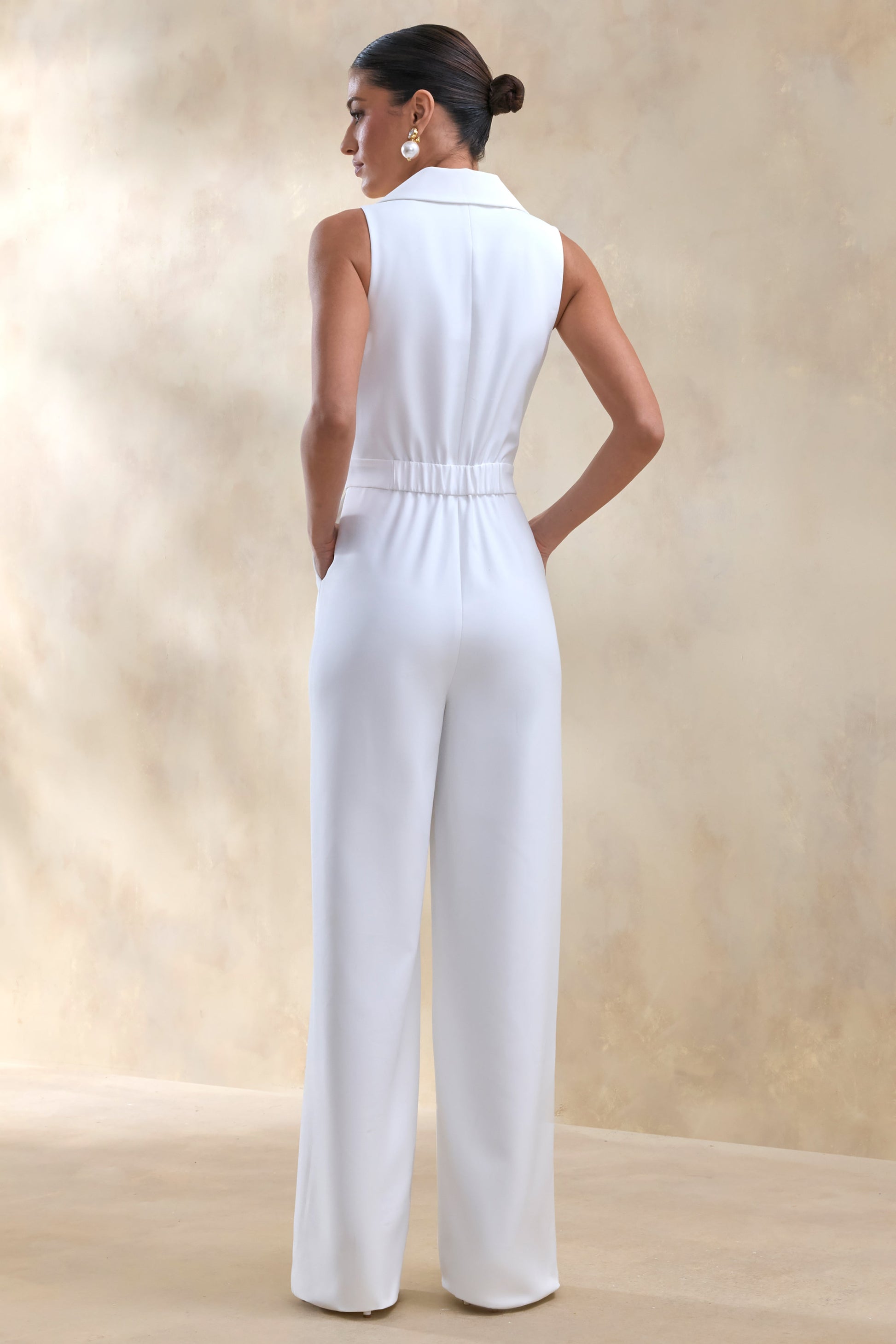 Brillora | White Plunge-Neck Tailored Jumpsuit