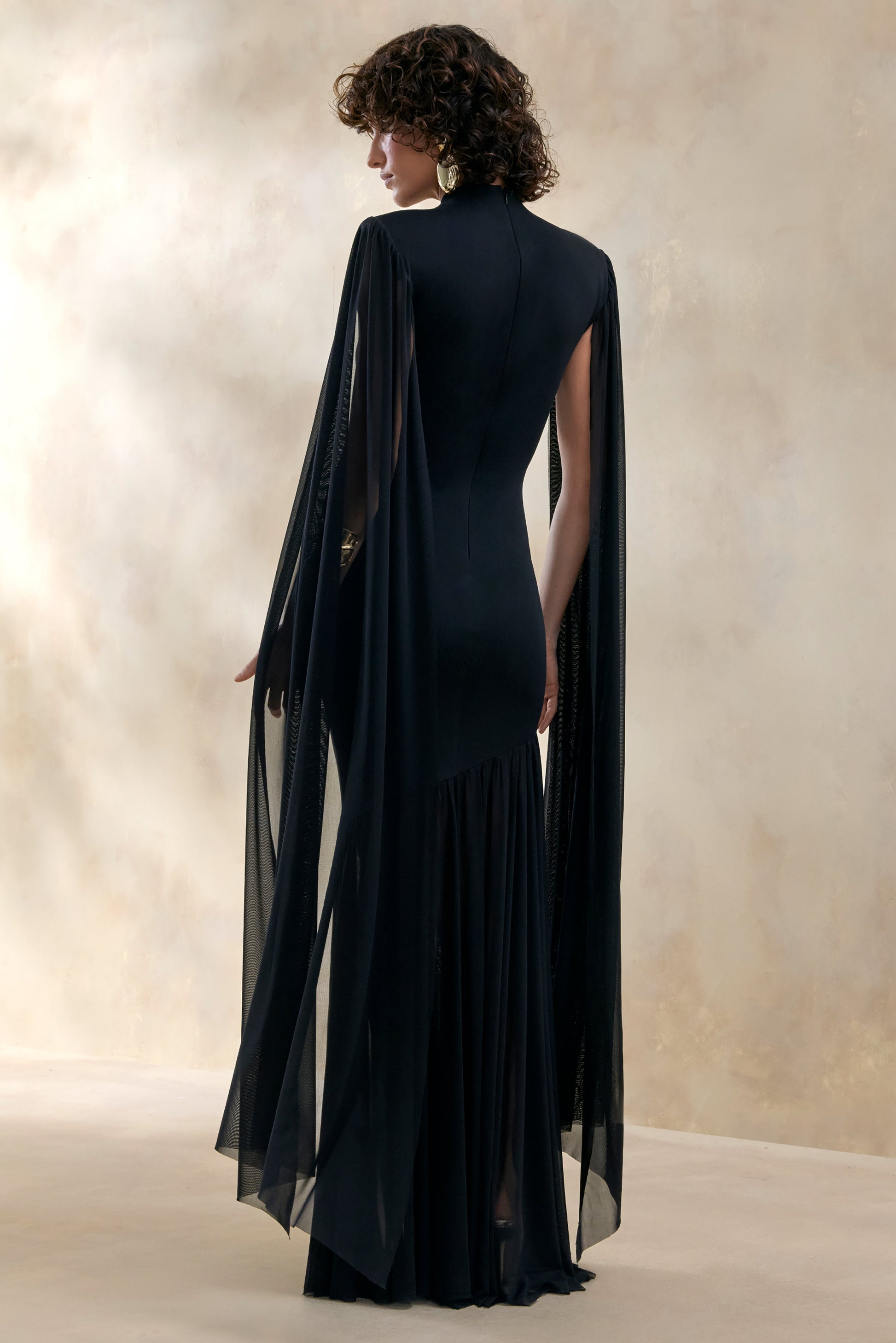 Chantelle | Black High-Neck Maxi Dress With Drop-Waist And Cape-Sleeves