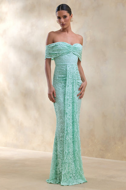Aries | Mint Lace Bardot-Neck Maxi Dress With Gathered Detailing