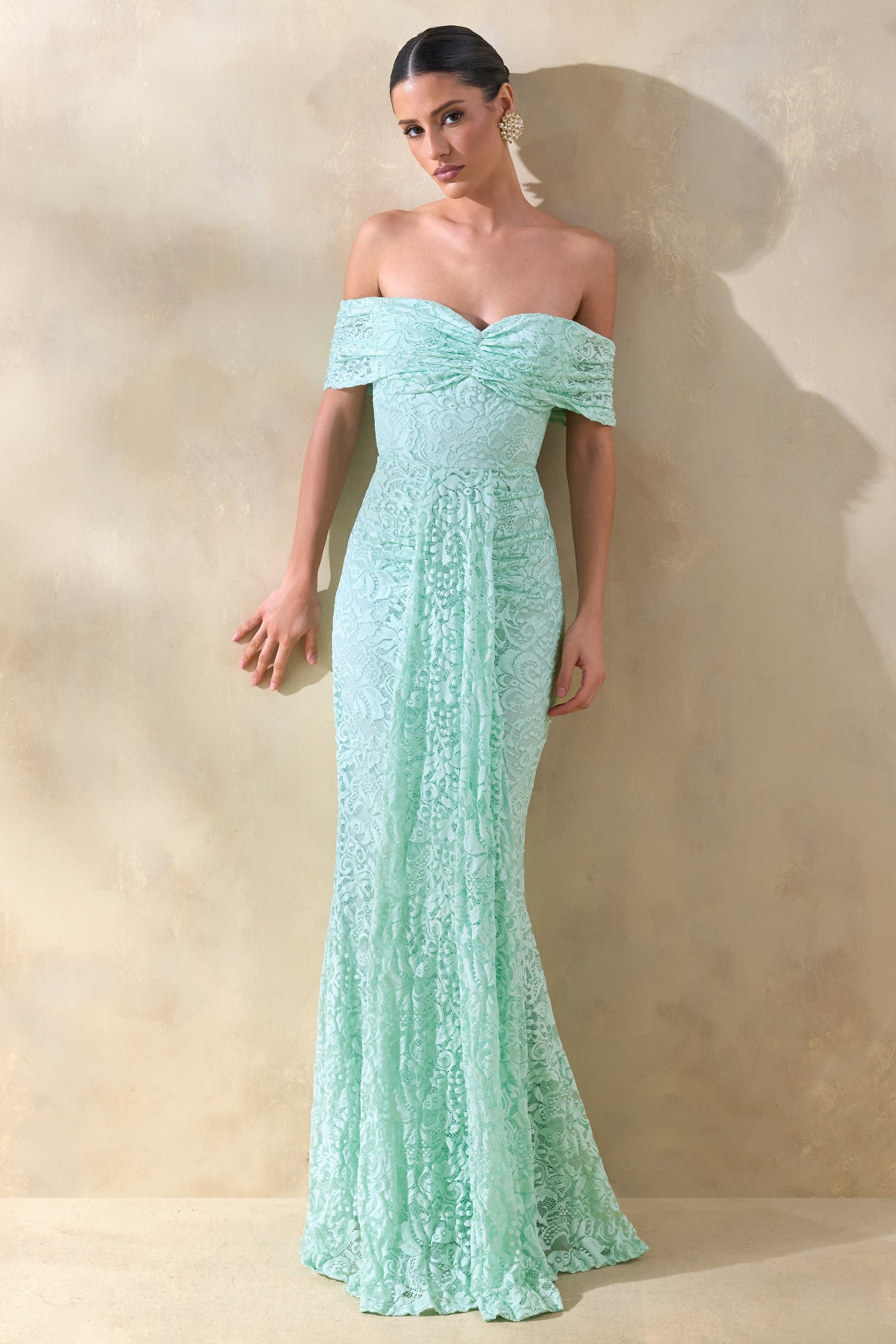 Aries | Mint Lace Bardot-Neck Maxi Dress With Gathered Detailing