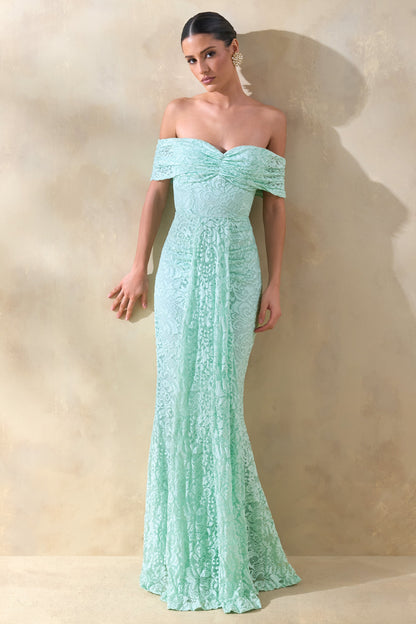 Aries | Mint Lace Bardot-Neck Maxi Dress With Gathered Detailing