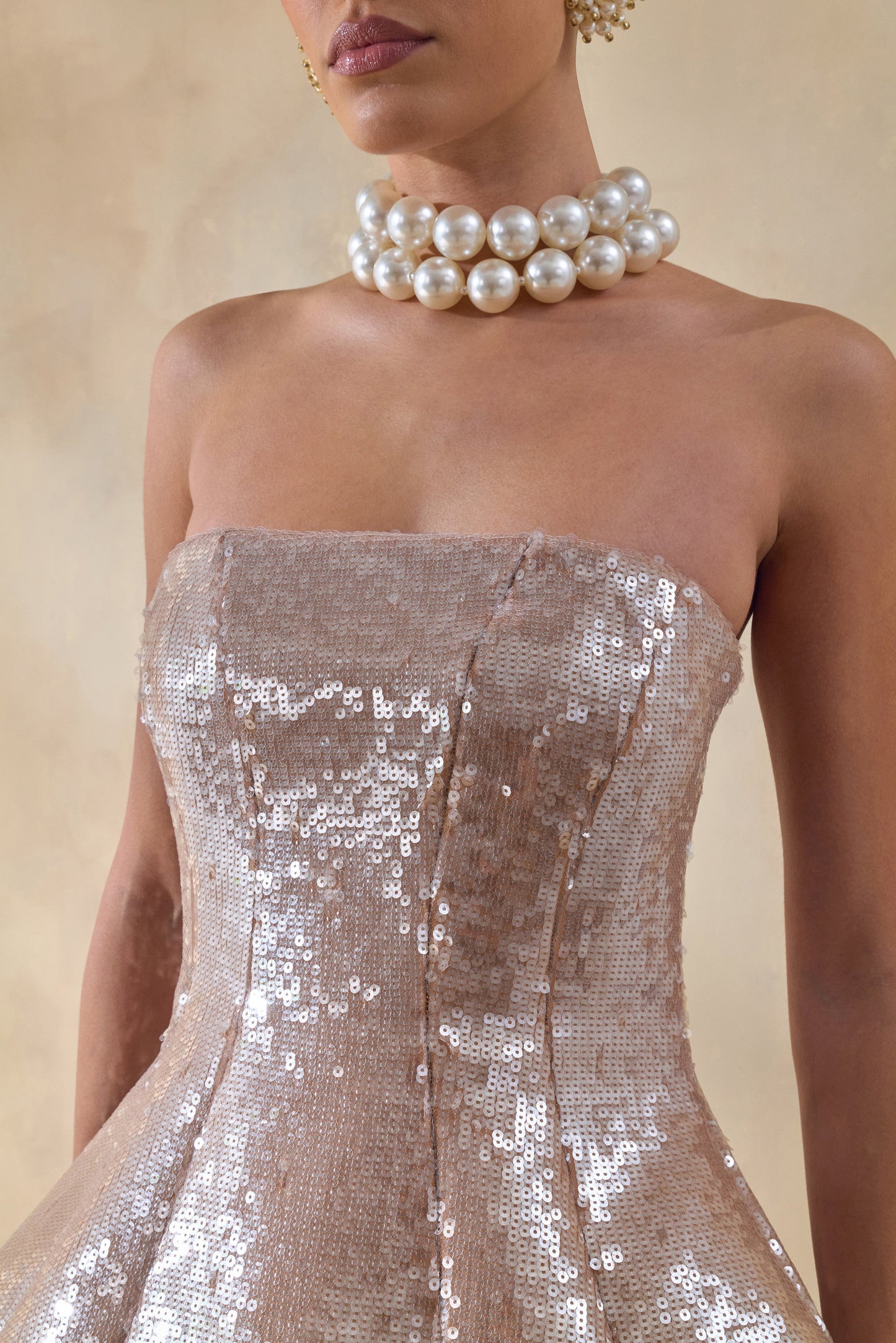 Dalisse | Nude Sequin Bandeau Corset Maxi Dress