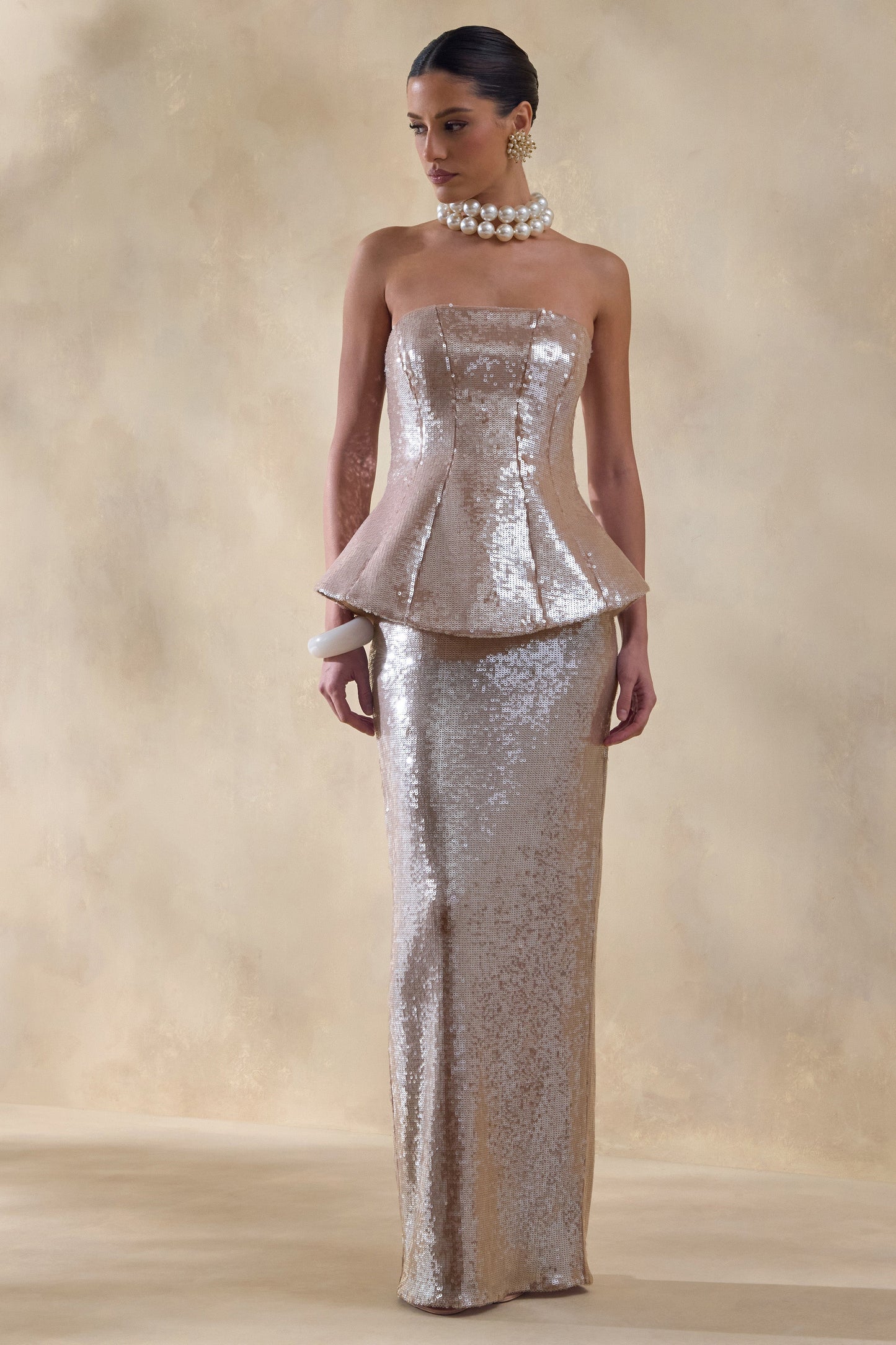Dalisse | Nude Sequin Bandeau Corset Maxi Dress