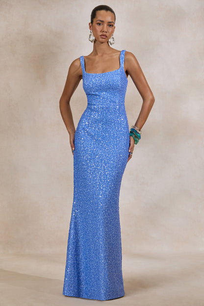 Lucelle | Powder Blue Sequin Scoop-Neck Maxi Dress