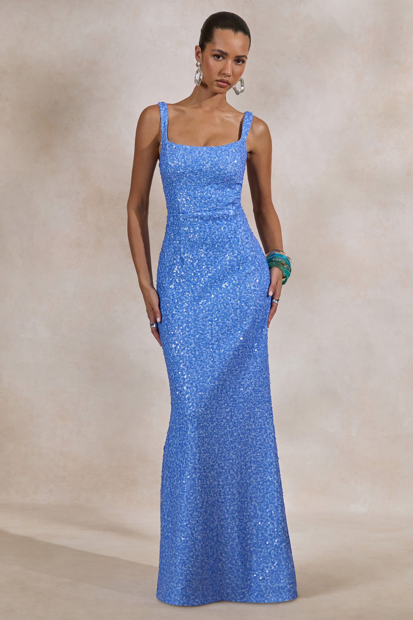 Lucelle | Powder Blue Sequin Scoop-Neck Maxi Dress