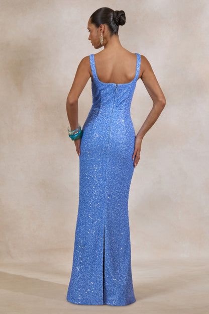 Lucelle | Powder Blue Sequin Scoop-Neck Maxi Dress