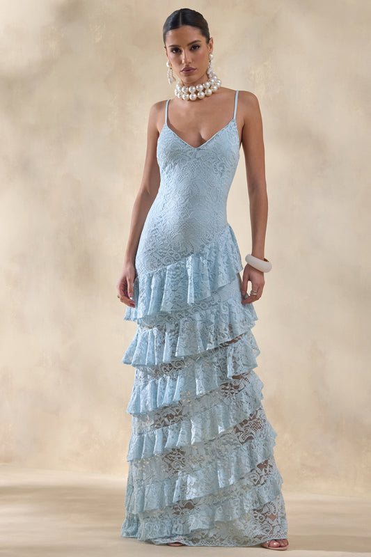 Avelisse | Blue Lace Plunge-Neck Maxi Dress With Ruffled Detailing
