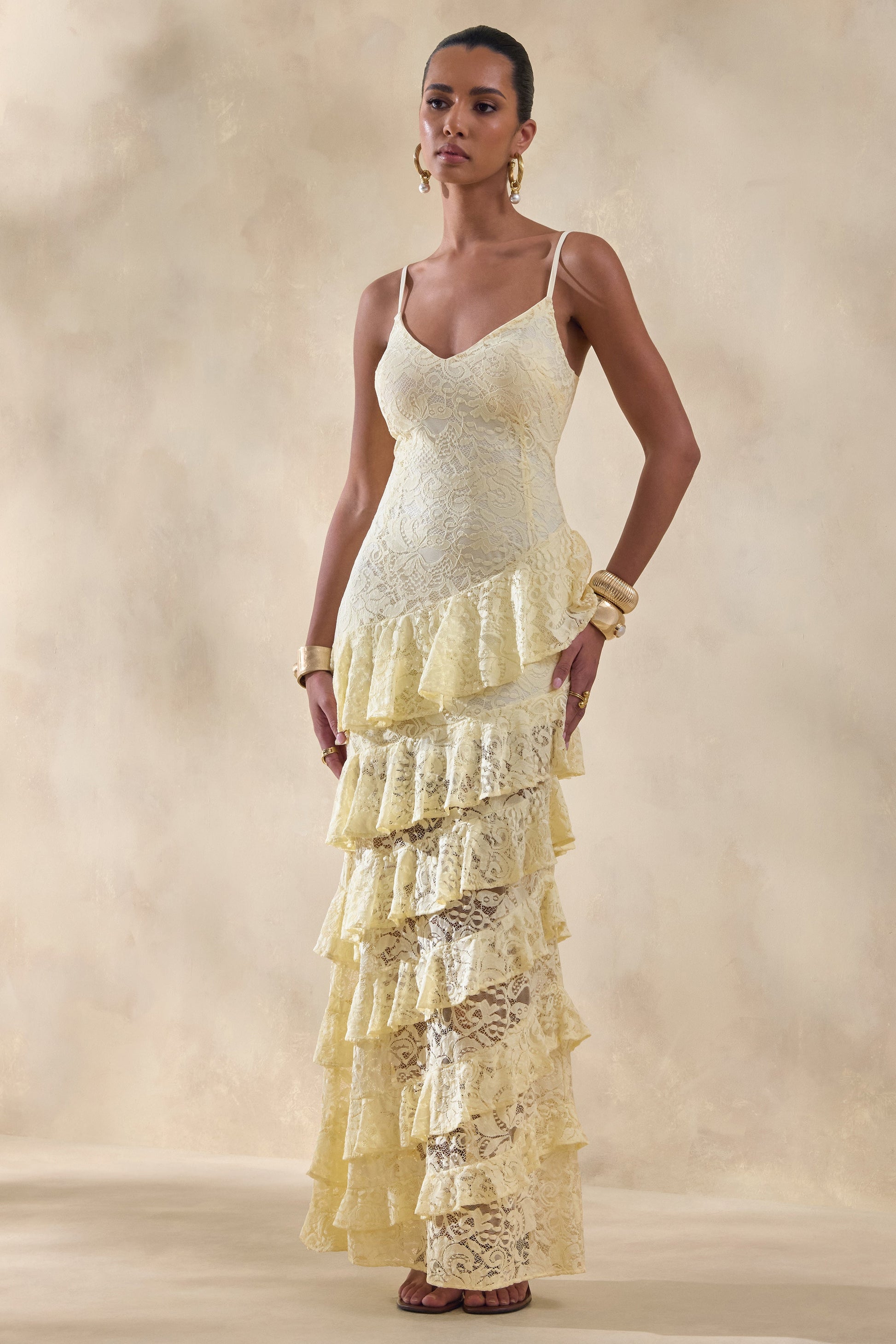 Avelisse | Lemon Lace Plunge-Neck Maxi Dress With Ruffled Detailing