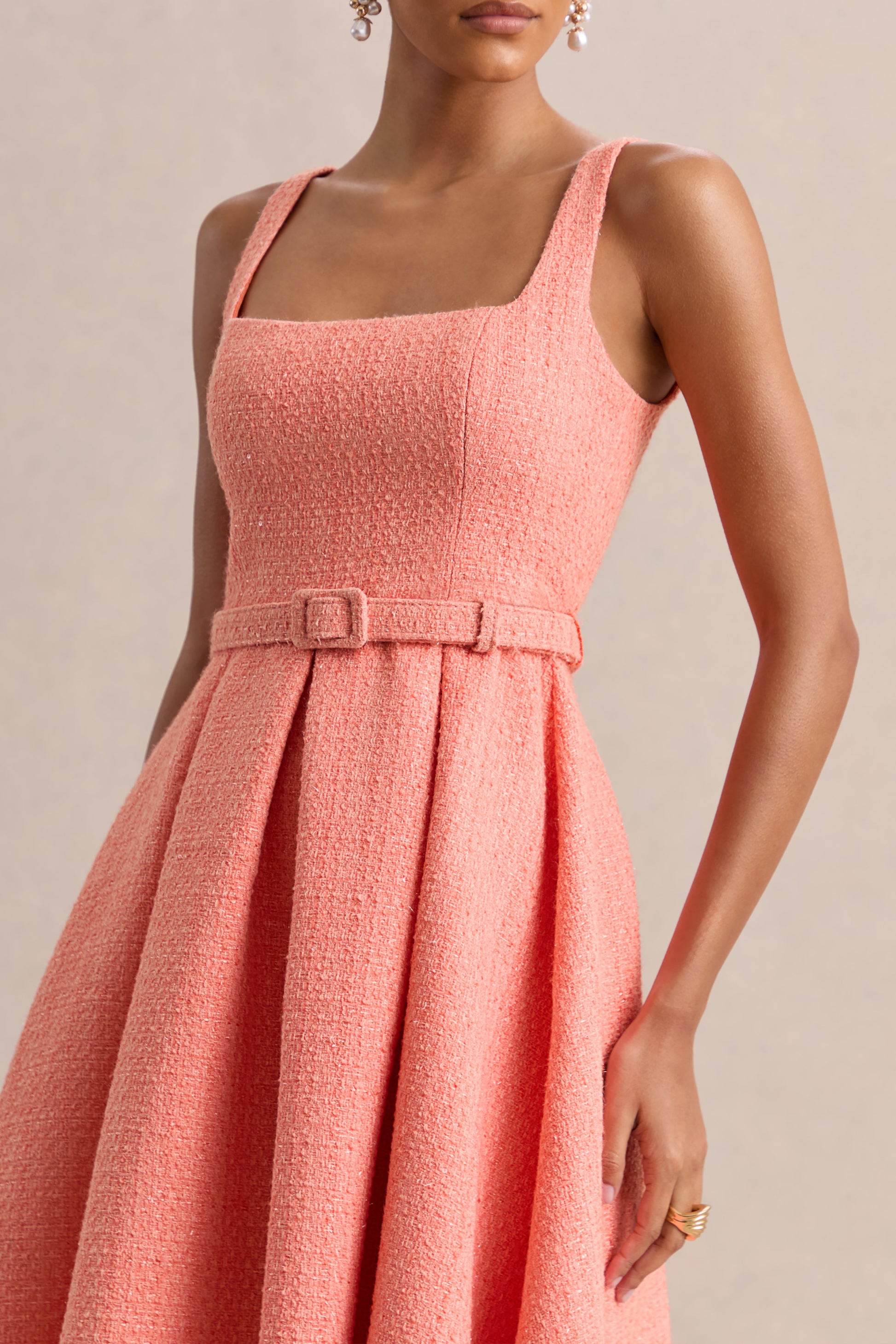 Camoria | Coral Boucle Square-Neck Midi Dress