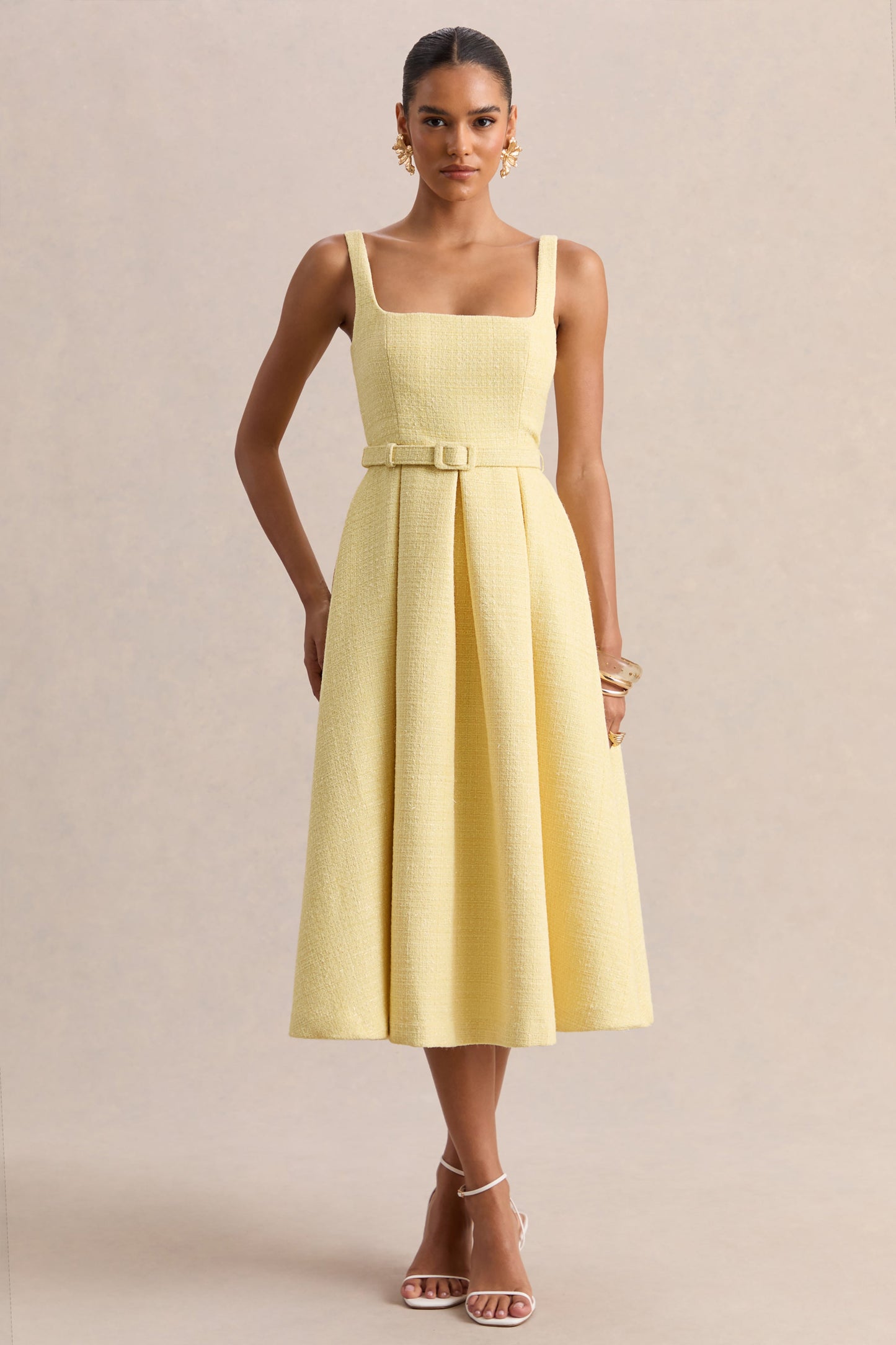 Camoria | Lemon Boucle Square-Neck Midi Dress