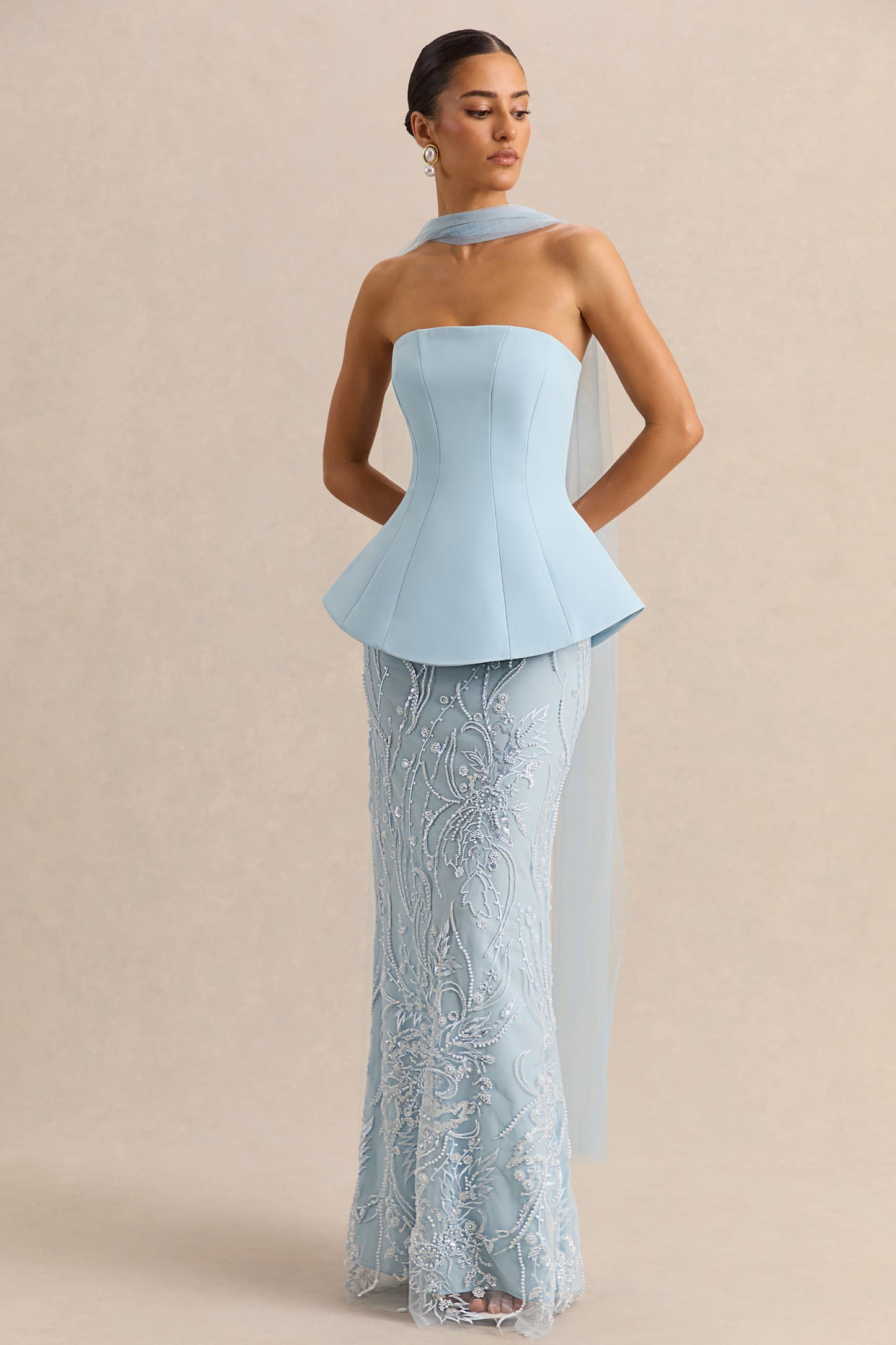 Lorna | Powder Blue Bandeau Maxi Dress With Scarf