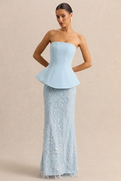 Lorna | Powder Blue Bandeau Maxi Dress With Scarf