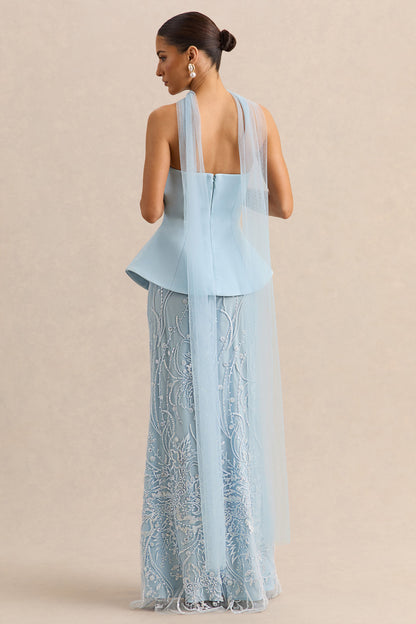 Lorna | Powder Blue Bandeau Maxi Dress With Scarf