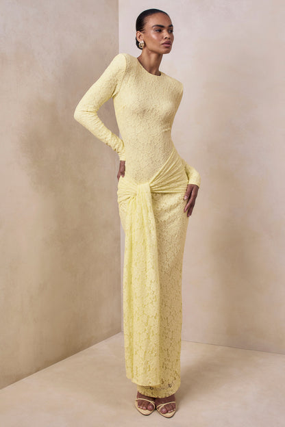 Evangela | Lemon Lace Crew-Neck Maxi Dress With Wrap-Detail