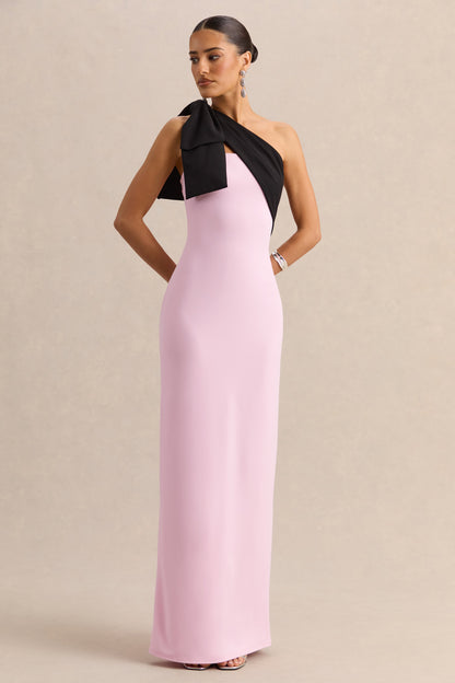 Adara | Pink & Black Asymmetric-Neck Maxi Dress With Bow-Detail